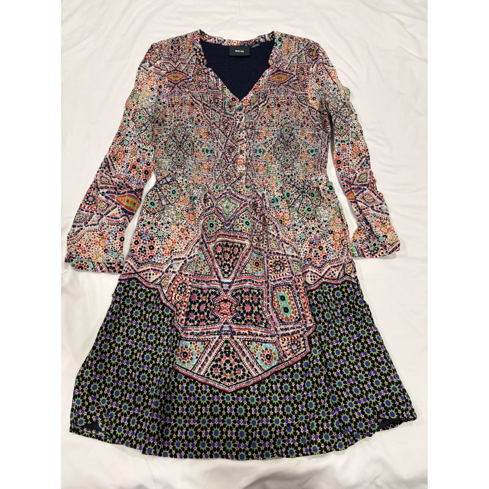 Maeve Anthropologie Tiled Amethyst Dress Smocked Long Sleeve Patterned Printed M